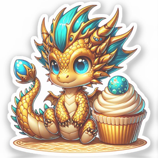 Schattigee Chibi Gold en Blue Dragon met Cupcake Sticker (Voorkant)