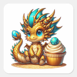 Schattigee Chibi Gold en Blue Dragon met Cupcake Vierkante Sticker