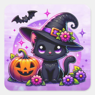 Schattigee Chibi Halloween zwarte kat en pompoen Vierkante Sticker