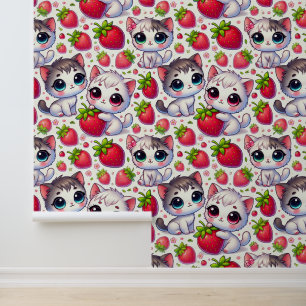 Schattigee Chibi Katten en Aardbeien Behang