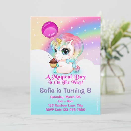 Schattigee Chibi Unicorn verjaardagsfeestuitnodigi Kaart (Staand voorkant)