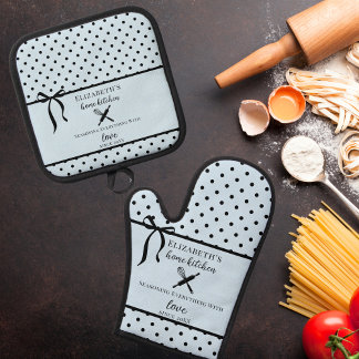 Schattigee Chic Girly Lichtblauw en Zwarte Polka D Ovenwant & Pannenlap Set