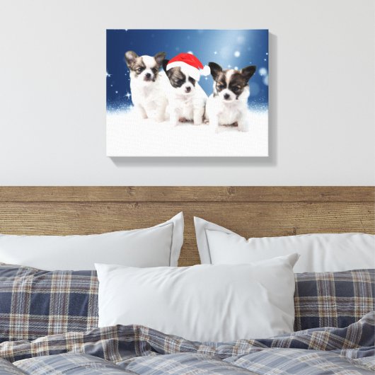 Schattigee Chihuahua Puppies met Santa Hat Christm Canvas Afdruk (Insitu (Slaapkamer))