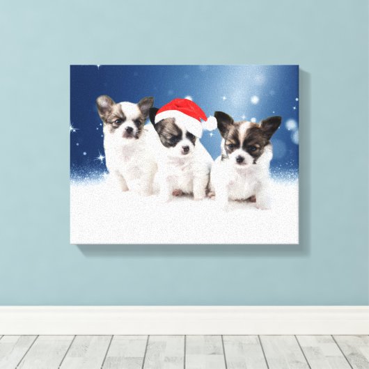 Schattigee Chihuahua Puppies met Santa Hat Christm Canvas Afdruk (Insitu (Houten vloer))