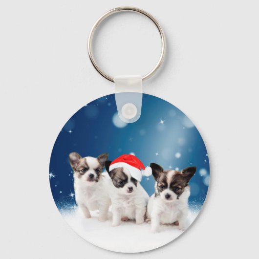 Schattigee Chihuahua Puppies met Santa Hat Christm Sleutelhanger (Voorkant)