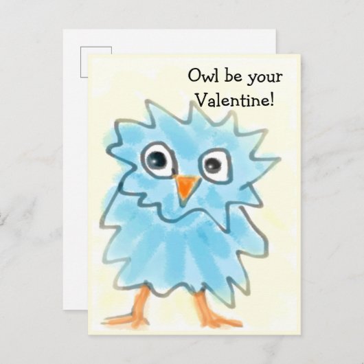 Schattigee Childish Blue Waterverf Uil Valentijnsd Briefkaart (Voorkant / Achterkant)