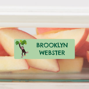 Schattigee chimpansee in oerwoud cartoon gepersona labels