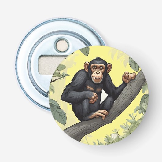 Schattigee chimpansee op de tak begroet button flesopener (Voorkant)