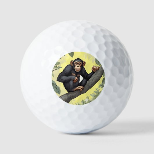 Schattigee chimpansee op de tak begroet golfballen (Voorkant)