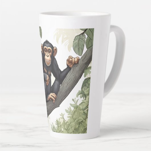 Schattigee chimpansee op de tak begroet latte mok (Rechterhoek)
