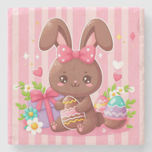Schattigee chocolade paashaas met roze strepen stenen onderzetter