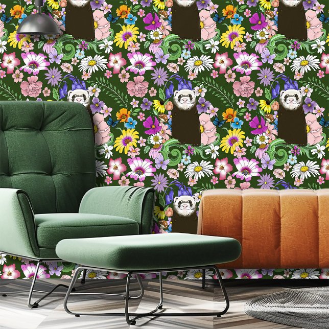Schattigee Chocolade Sable Ferret Bloemen Groen Behang (Creator heeft geüpload)