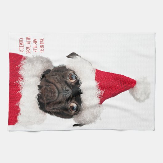 Schattigee Christmas Black Pug Puppy Santa Helper Theedoek (Horizontaal)