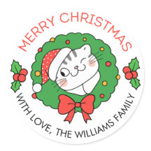 Schattigee Christmas Label Stickers met kat en kra