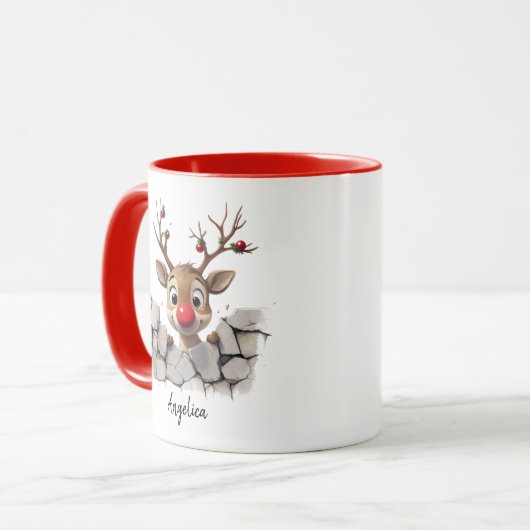 Schattigee Christmas Peeking Rendier Red Nose Cust Mok (Voorkant links)