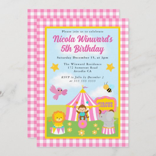 Schattigee Circustent en Dieren Verjaardag Kids Kaart (Voorkant / Achterkant)