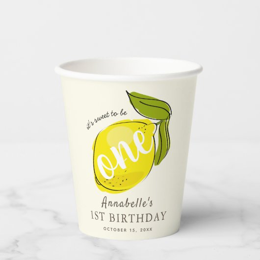 Schattigee citroen 1e verjaardag geel papieren bekers (Voorkant)