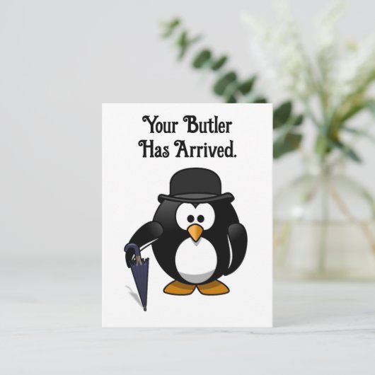 Schattigee Classy Butler Penguin Cartoon met parap Briefkaart (Staand voorkant)
