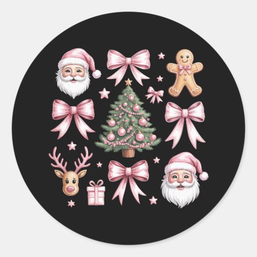 Schattigee Coquette Bow Roze Kerstboom Santa Ginge Ronde Sticker (Voorkant)