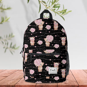 Schattigee Coquette teddybeer met roze bloemen op  Bedrukte Rugzak