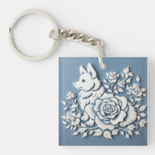 Schattigee corgi 3D chinoiserie roos Acryl Sleutel Sleutelhanger