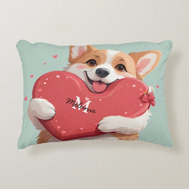 Schattigee Corgi Dog Pun Hearts Monogram Naam Vale Accent Kussen (Voorkant)