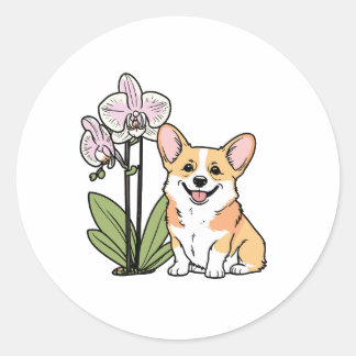Schattigee Corgi met Orchidea Ronde Sticker