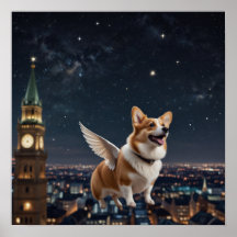 Schattigee Corgi met vleugels die boven een stadsh