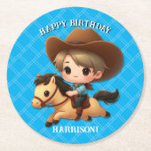 Schattigee Cowboy en Paard Western Verjaardag Ronde Kartonnen Onderzetter (Voorkant)