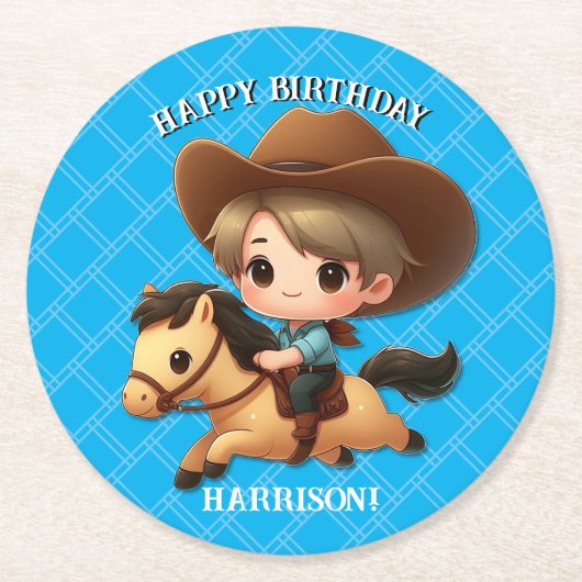 Schattigee Cowboy en Paard Western Verjaardag Ronde Kartonnen Onderzetter (Voorkant)