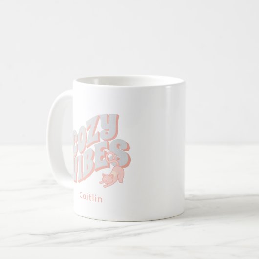 Schattigee 'Cozy Vibes' Pastel Cat Gepersonaliseer Koffiemok (Voorkant links)