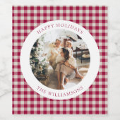 Schattigee Cranberry Red Plaid Custom Foto Kerstmi Wijn Etiket (Enkel label)