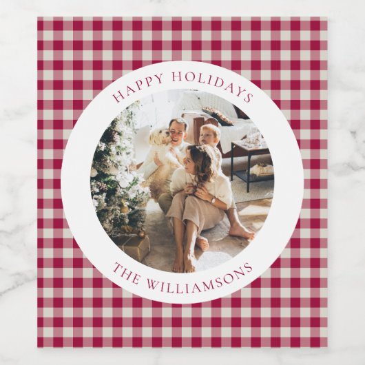 Schattigee Cranberry Red Plaid Custom Foto Kerstmi Wijn Etiket (Enkel label)