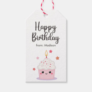 Schattigee cupcake en felle kaars Happy Birthday Cadeaulabel