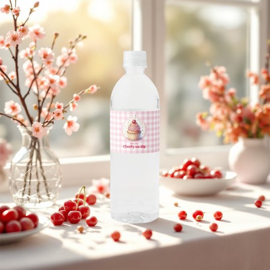 Schattigee Cupcake en Gingham Cherry op Top Baby s Waterfles Etiket