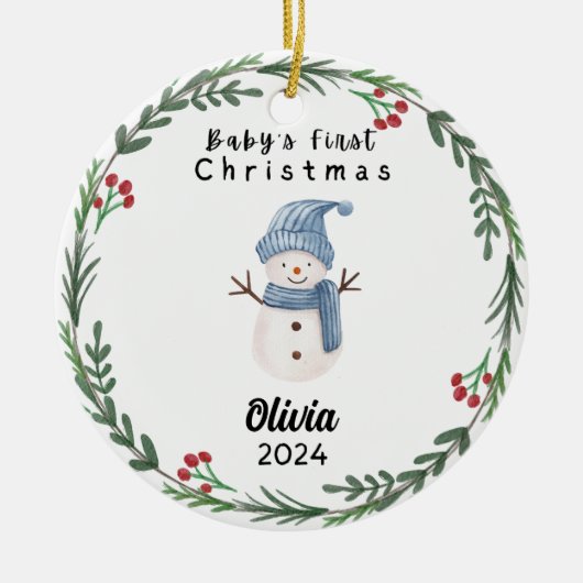 Schattigee Custom Baby Eerste Waterverf Snowman Keramisch Ornament (Voorkant)