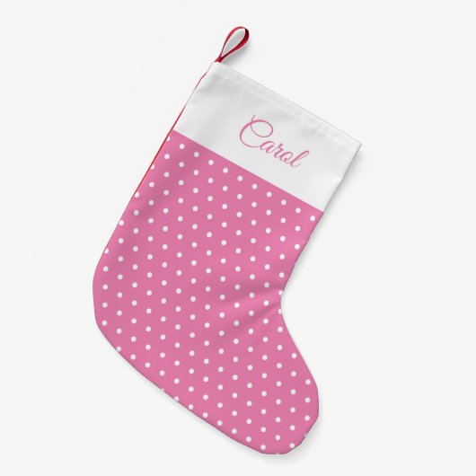 Schattigee Custom Name Roze en Witte Polka Dot Kleine Kerstsok (Voorkant (Hangend))
