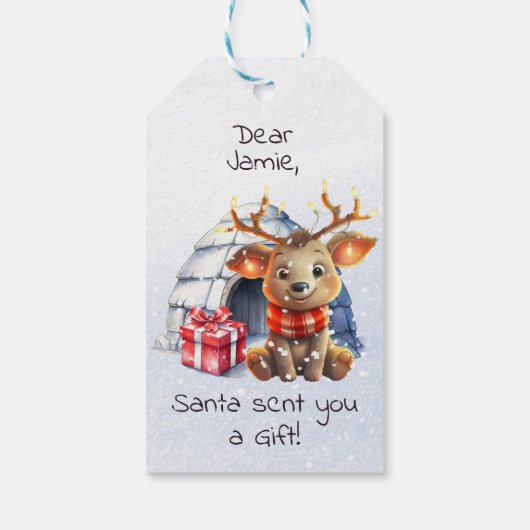 Schattigee Custom Santa Reindeer Snowflake Kind Ke Cadeaulabel (Achterkant)