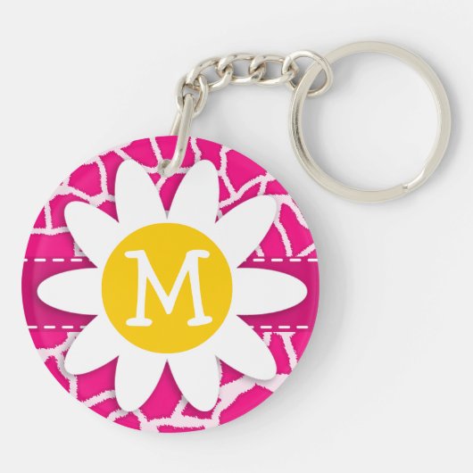 Schattigee Daisy op Helderroze Giraffe Animal Prin Sleutelhanger (Achterkant)