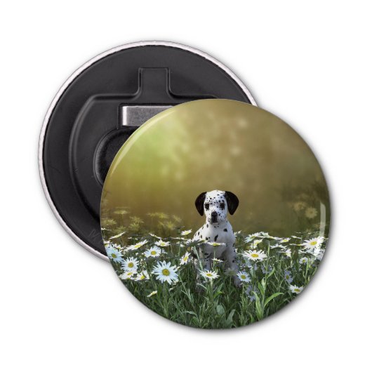 Schattigee Dalmatische puppy in madeliefjes Button Flesopener (Voorkant)