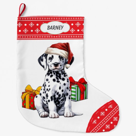 Schattigee Dalmatische Puppy Santa Hat Sneeuwvlok Grote Kerstsok (Voorkant)