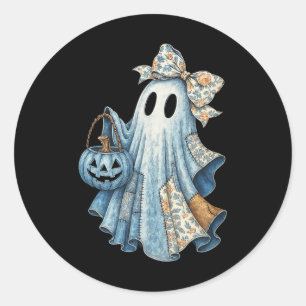 Schattigee Denim Ghost Met Bloemboog Halloween Aes Ronde Sticker