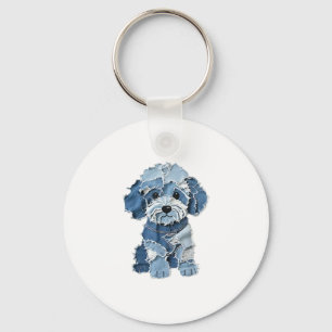Schattigee Denim Patchwork Dog Illustration Sleutelhanger