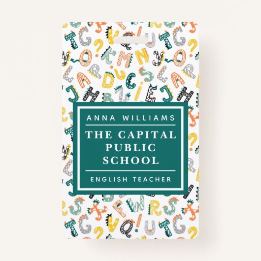 Schattigee Dino Alphabet Elementary School Docent Badge (Voorkant)