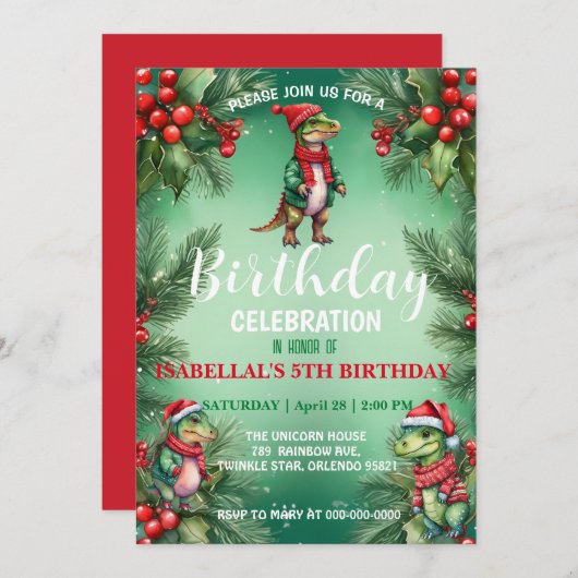 Schattigee dino Kerstman Kerstfeest sneeuwfeest jo Save The Date (Voorkant / Achterkant)