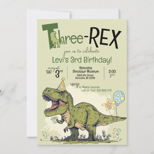 Schattigee Dinosaurus Cartoon Drie-Rex 3e Verjaard Kaart (Voorkant)