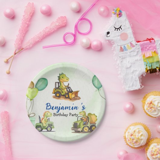 Schattigee dinosaurus constructie vrachtwagenballo papieren bordje (Feest)