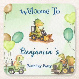 Schattigee dinosaurus constructie vrachtwagenballo vierkante kartonnen onderzetter