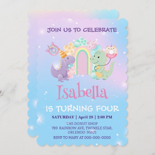 Schattigee Dinosaurus Eenhoorn Donut Regenboog Ver Kaart (Voorkant / Achterkant)