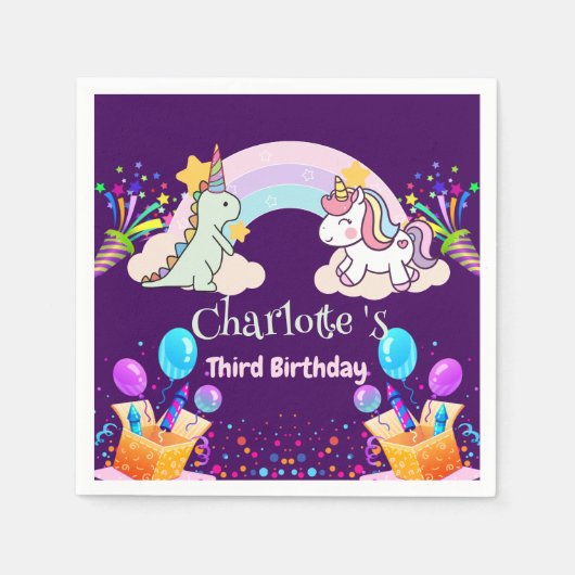 Schattigee dinosaurus eenhoorn regenboog ballon ve servet (Voorkant)
